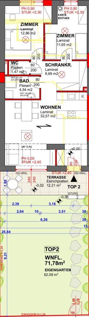 Detaillierter Grundriss einer Wohnung mit Zimmern, Bad, WC und Terrasse.