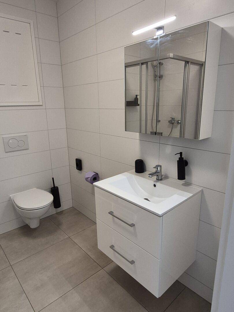 Modernes Badezimmer mit Waschtisch, Spiegelschrank und Toilette.
