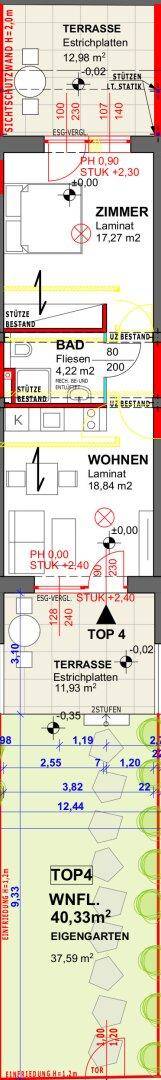 Detaillierter Grundriss einer Wohnung mit Terrasse, Zimmern und eigenem Garten.