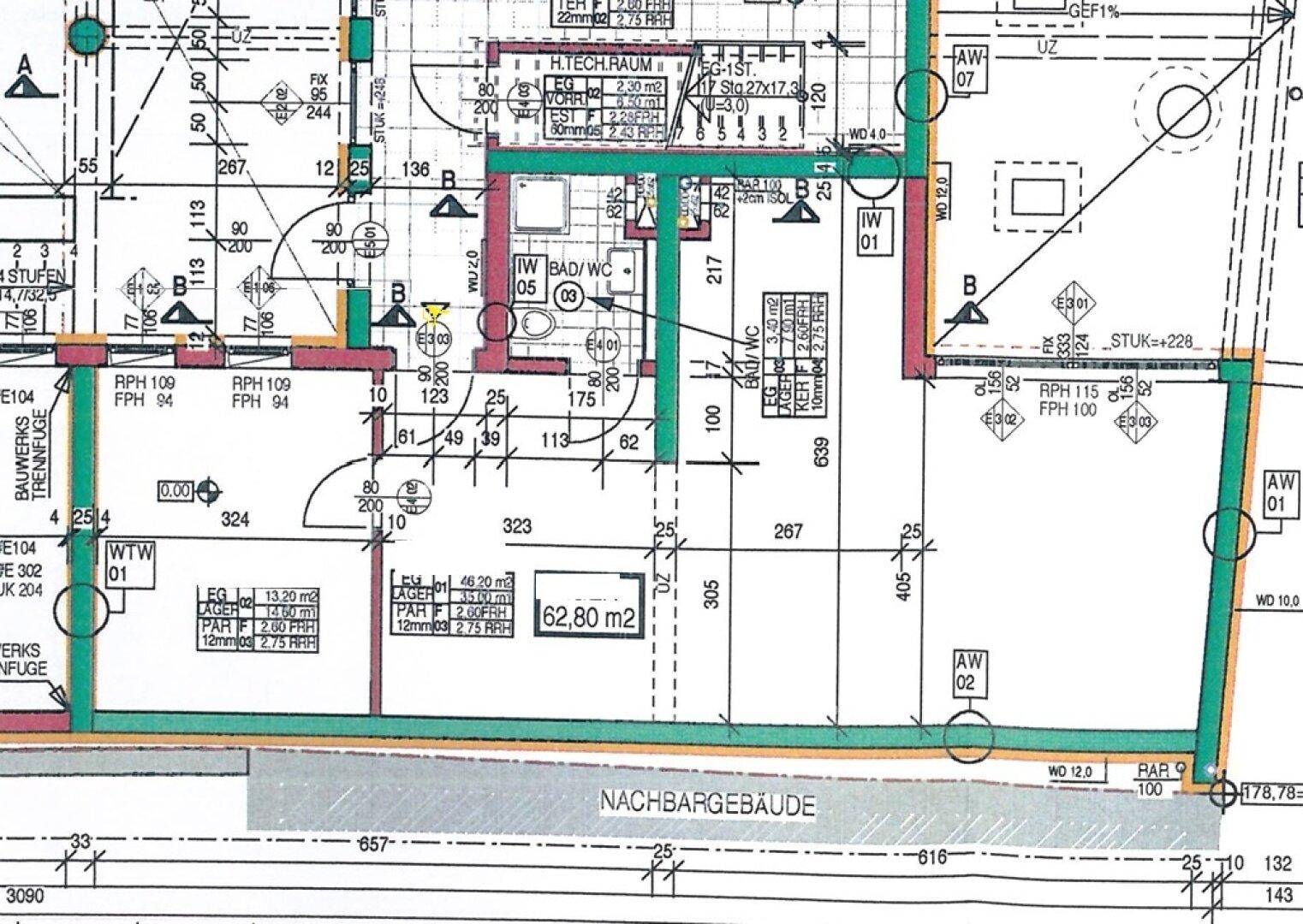 Detaillierter Grundriss mit Maßen und Raumaufteilung für eine Wohneinheit, übersichtlich dargestellt.