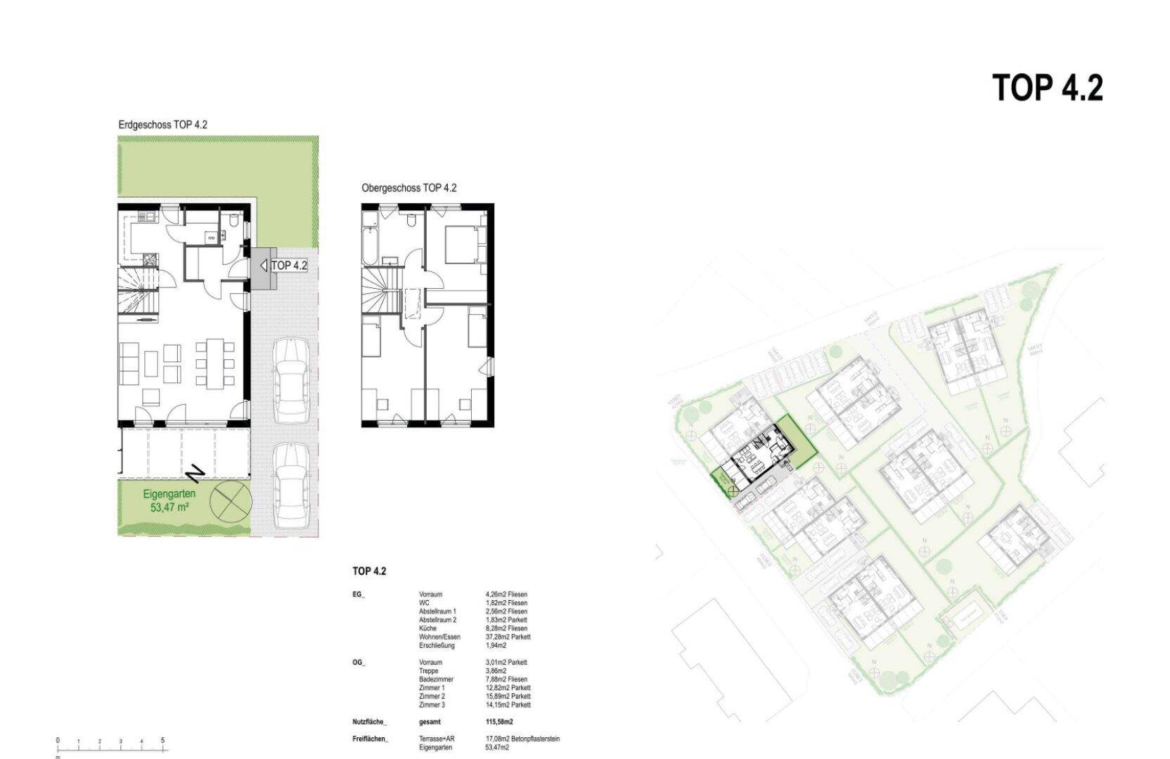 Grundrisspläne für eine Duplex-Einheit mit Erd- und Obergeschoss, offenem Wohnbereich, Garten und Stellplätzen.