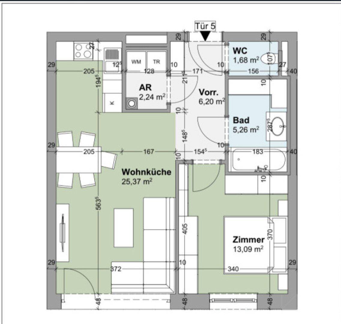 Grundriss einer Wohnung mit offener Wohnküche, Bad, WC und einem Zimmer.