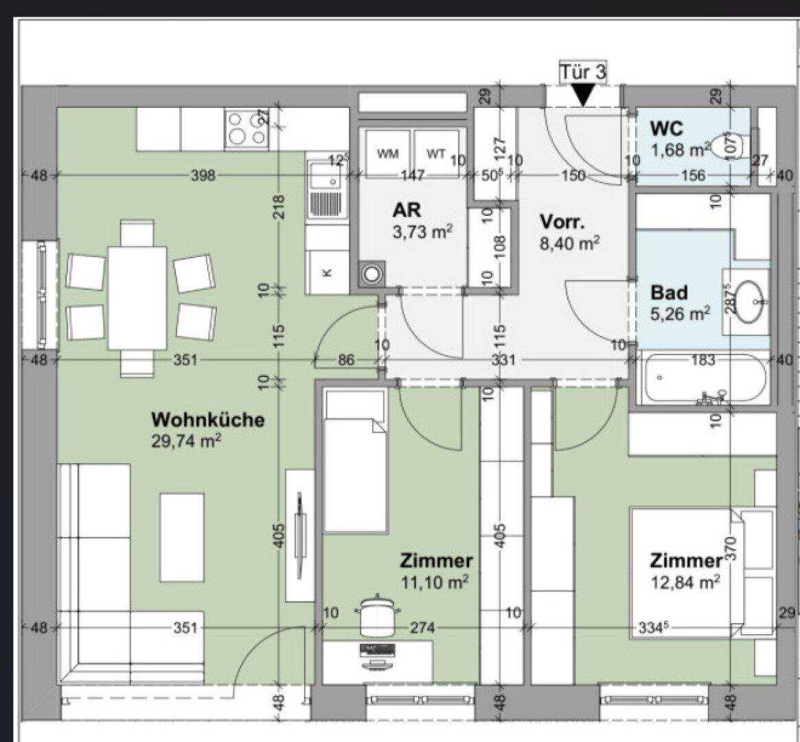 Detaillierter Grundriss einer Wohnung mit Wohnküche, zwei Zimmern, Bad und WC.