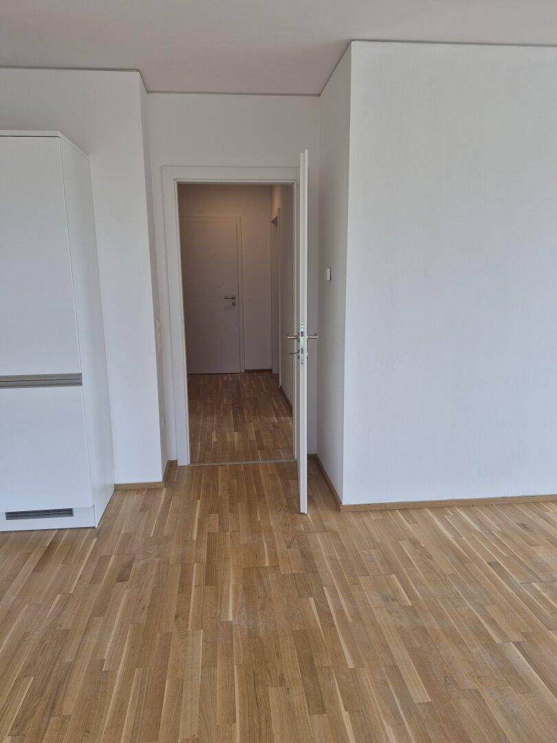 Eingangsbereich zu einem Flur mit Holzparkettboden, der von einem Wohnbereich abgeht.