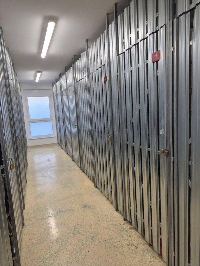 Reihen von abschließbaren Lagerabteilen in einem hellen Kellerraum mit Fenster.