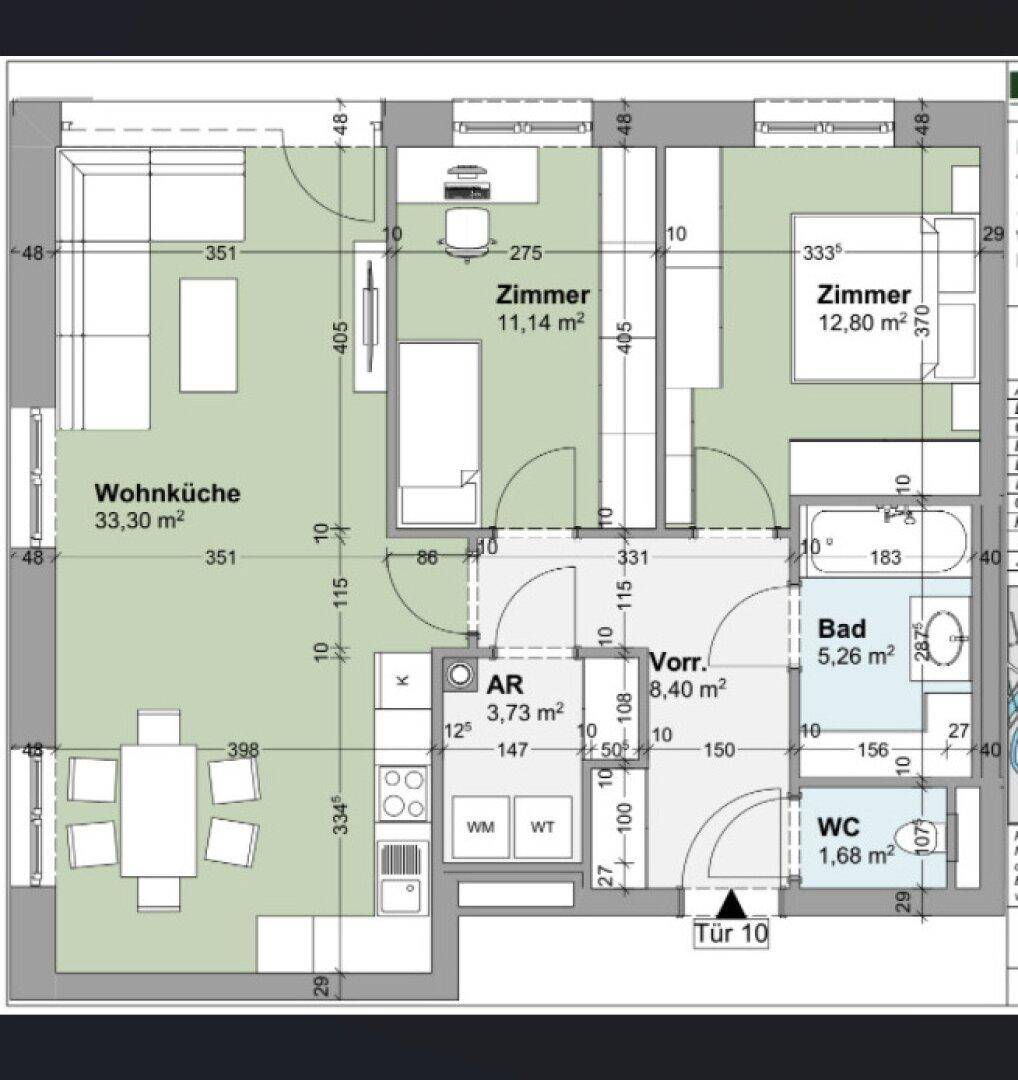 Detaillierter Grundriss einer Wohnung mit Wohnküche, zwei Zimmern, Bad und WC.