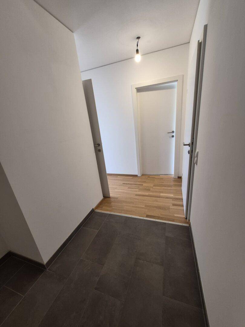 Eingangsbereich mit Fliesenboden, der in einen Flur mit Parkettboden übergeht.