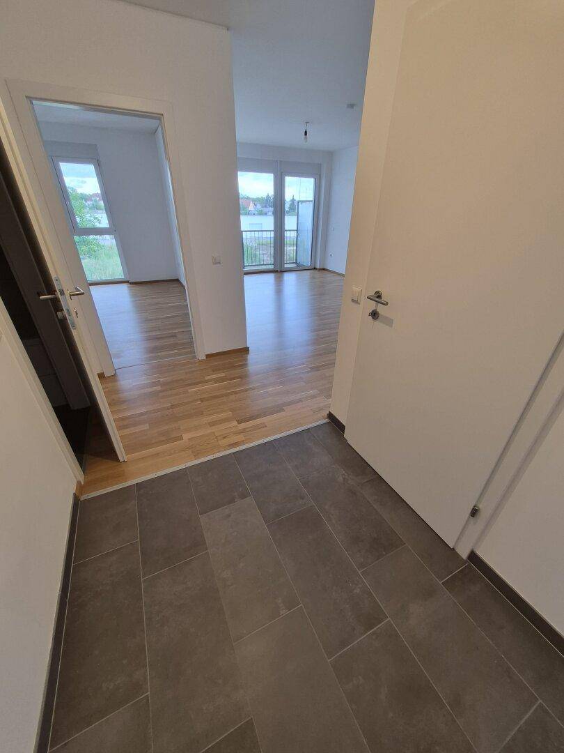 Eingangsbereich mit dunklem Fliesenboden, der in helle Wohnräume mit Parkett übergeht.