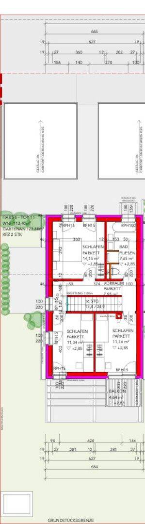 Grundriss des Obergeschosses mit Schlafzimmern, Bad und Balkon.
