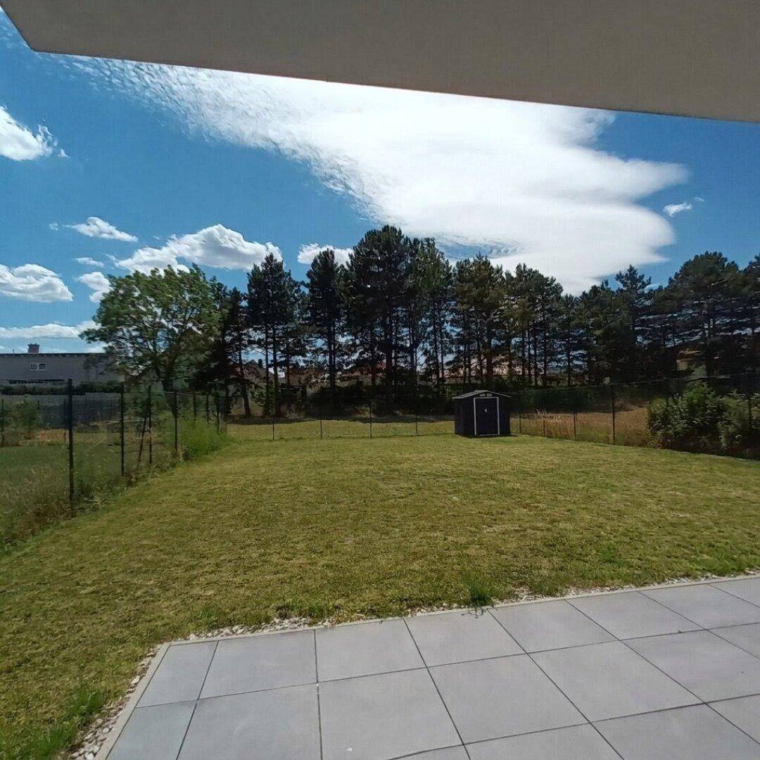 Großer Gartenbereich mit Rasenfläche, Gartenhaus und Baumbestand im Hintergrund.