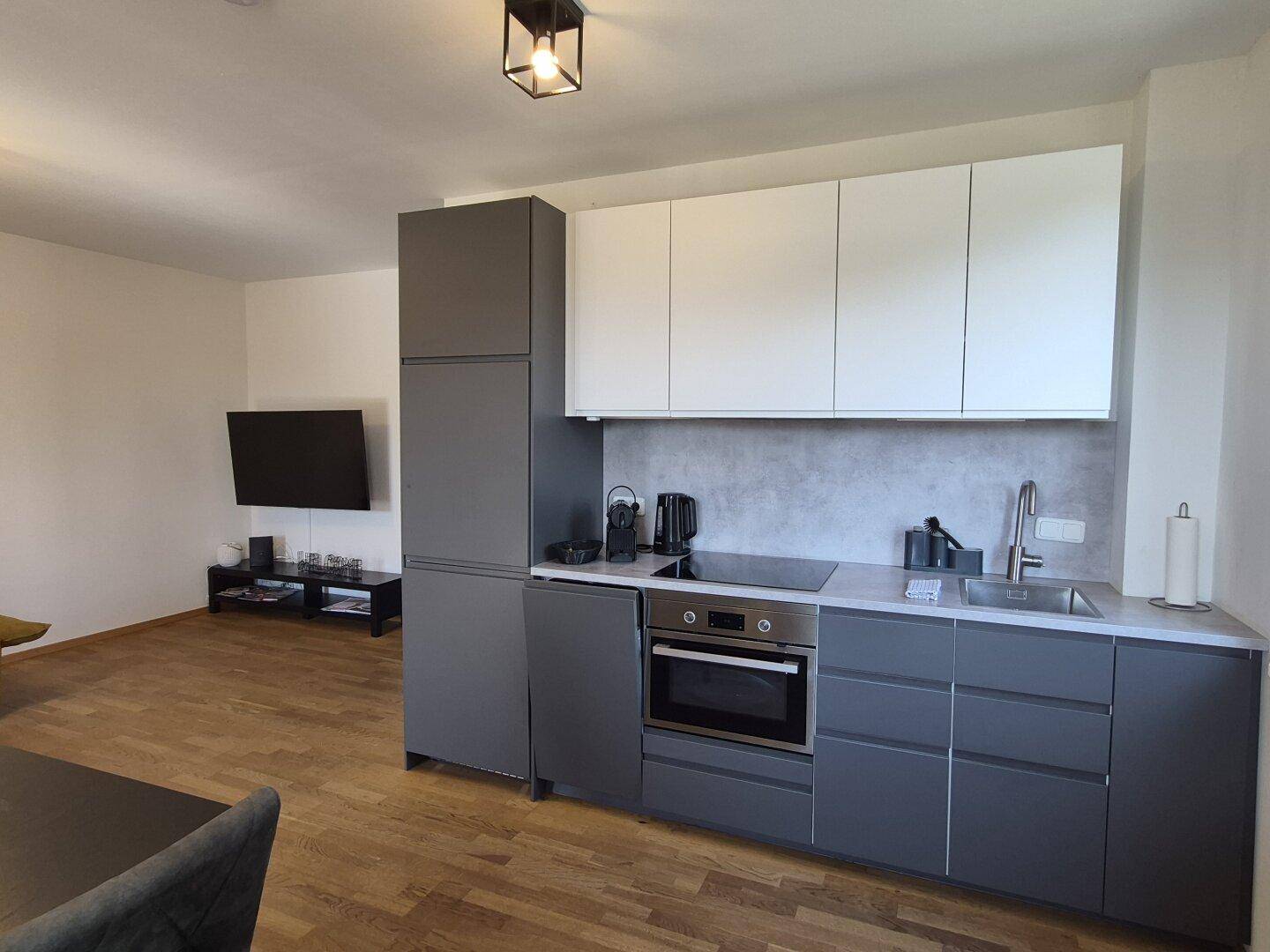 Offener Wohnbereich mit integrierter Küche, Holzboden und Fernseher an der Wand.