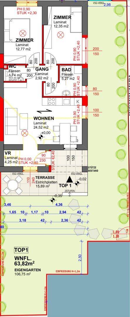 Grundriss einer Wohnung mit Wohnzimmer, zwei Zimmern, Bad, WC, Terrasse und Eigengarten.