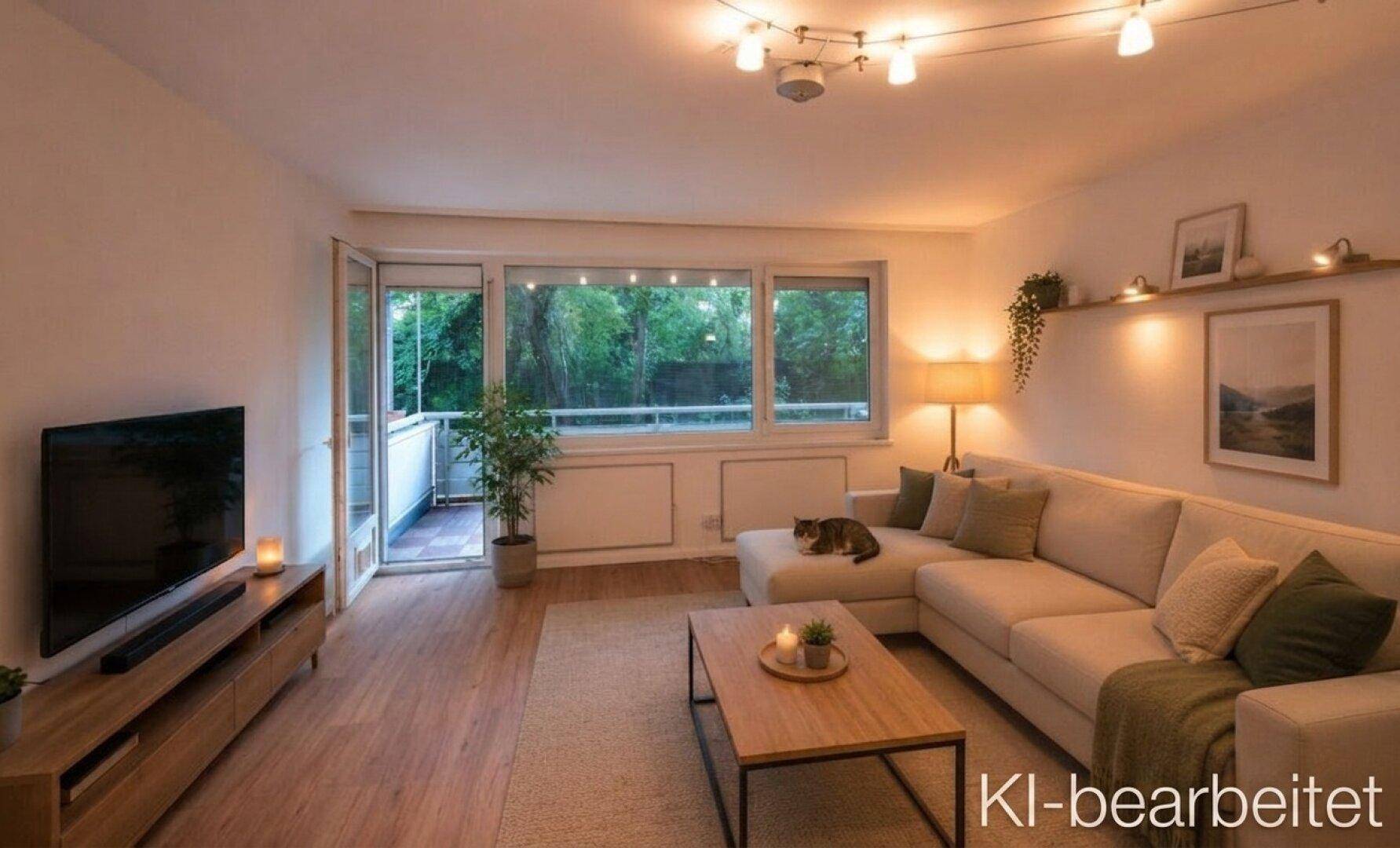Gemütliches, möbliertes Wohnzimmer mit Sofa, Couchtisch und Blick ins Grüne, künstlich bearbeitet.
