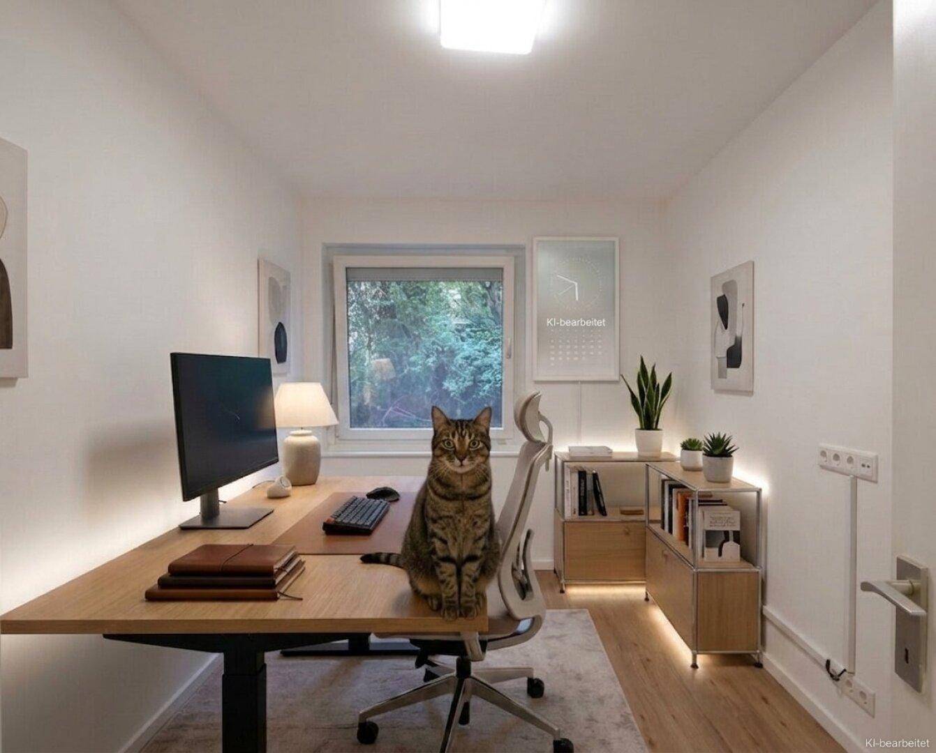 Möbliertes Büro mit Schreibtisch, Regal und einem Fenster, künstlich bearbeitet für eine ansprechende Darstellung.