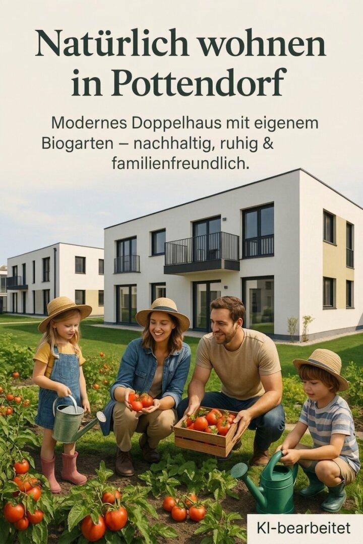Moderne Doppelhäuser mit Familie im Biogarten, die Tomaten erntet, symbolisieren nachhaltiges und familienfreundliches Wohnen.