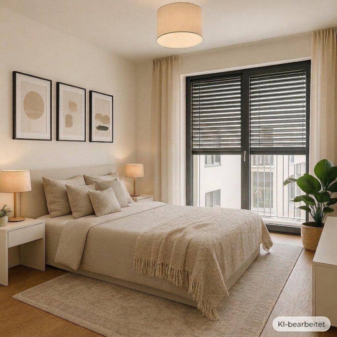 Helles Schlafzimmer mit modernem Bett, Nachttischen und großem Fenster mit Jalousien.
