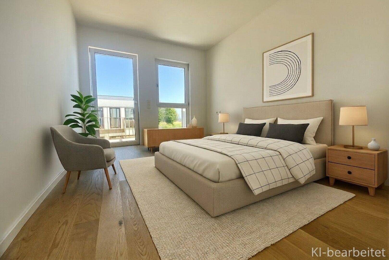 Modernes Schlafzimmer mit Holzboden, beigem Bett und Zugang zu einem Balkon oder einer Terrasse.