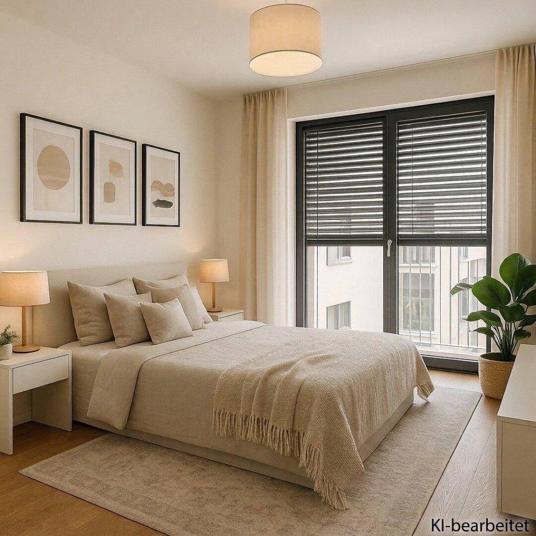 Helles Schlafzimmer mit modernem Bett, Nachttischen und großem Fenster mit Jalousien und Balkonzugang.