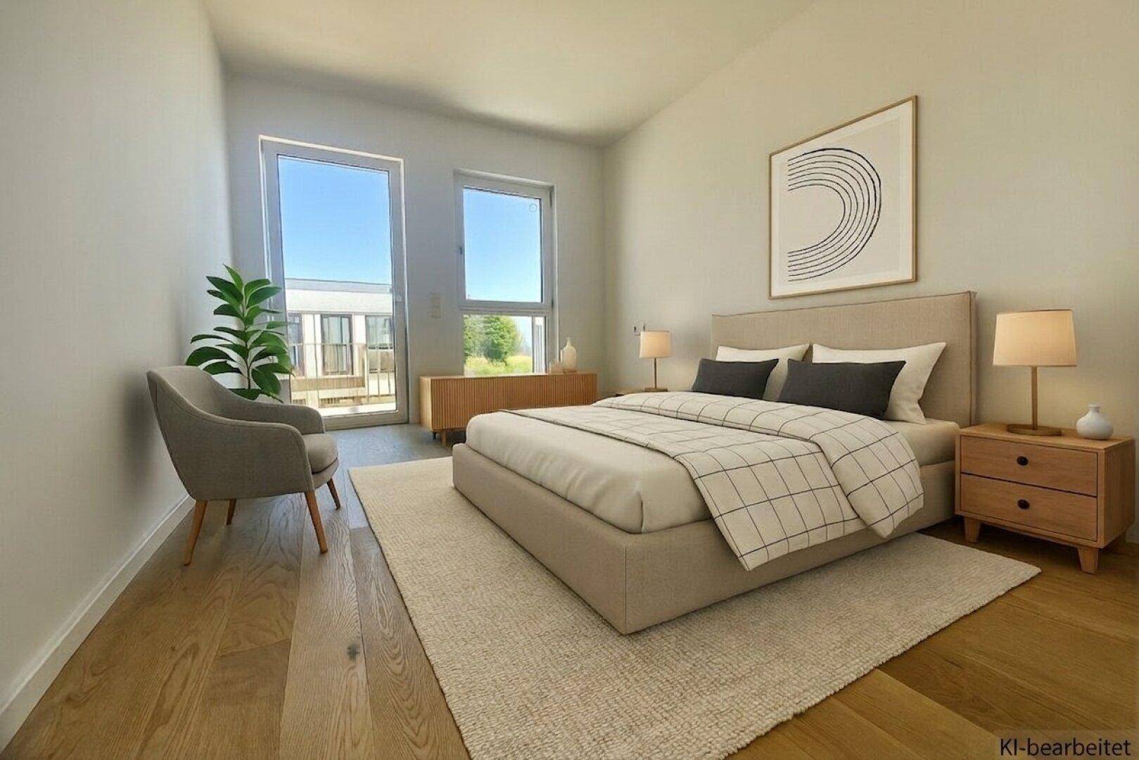 Modernes Schlafzimmer mit Holzboden, bequemen Möbeln und Zugang zu einem Außenbereich.