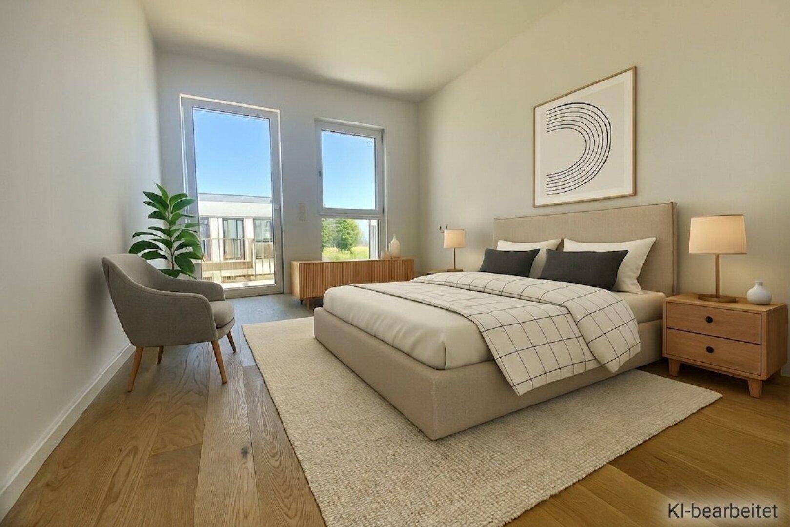 Helles Schlafzimmer mit Holzboden, großen Fenstern und Zugang zu einem Balkon oder einer Terrasse.
