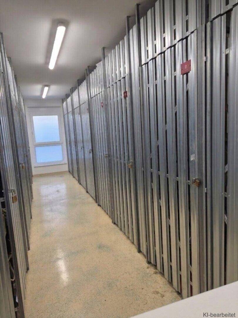 Heller Abstellraum mit zahlreichen Metallfächern für zusätzlichen Stauraum im Untergeschoss.