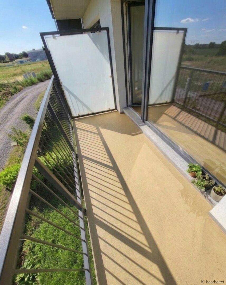 Schmaler Balkon mit Glasabtrennungen und weitem Blick über die ländliche Umgebung.