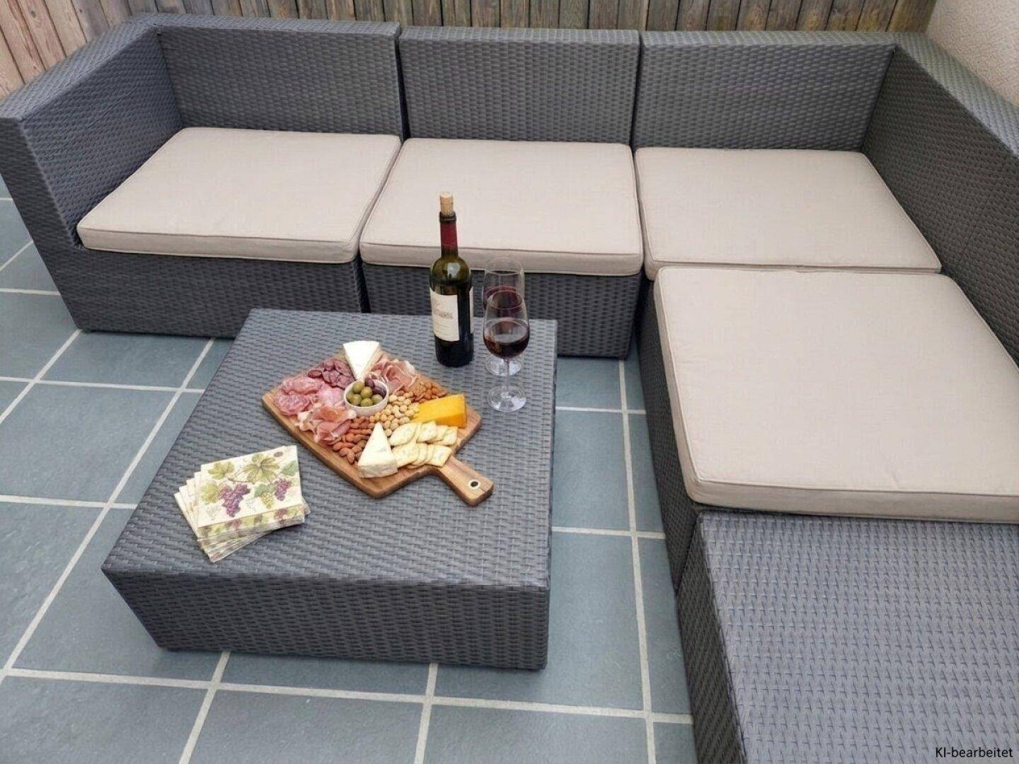 Gemütliche Außenterrasse mit bequemen Loungemöbeln, ideal für entspannte Abende im Freien.