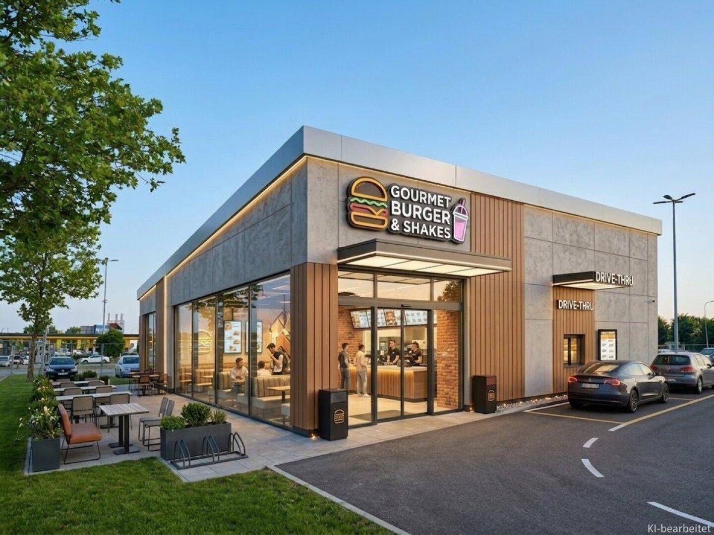 Modernes Restaurantgebäude mit Drive-Thru, großen Glasfronten und Außensitzgelegenheiten.