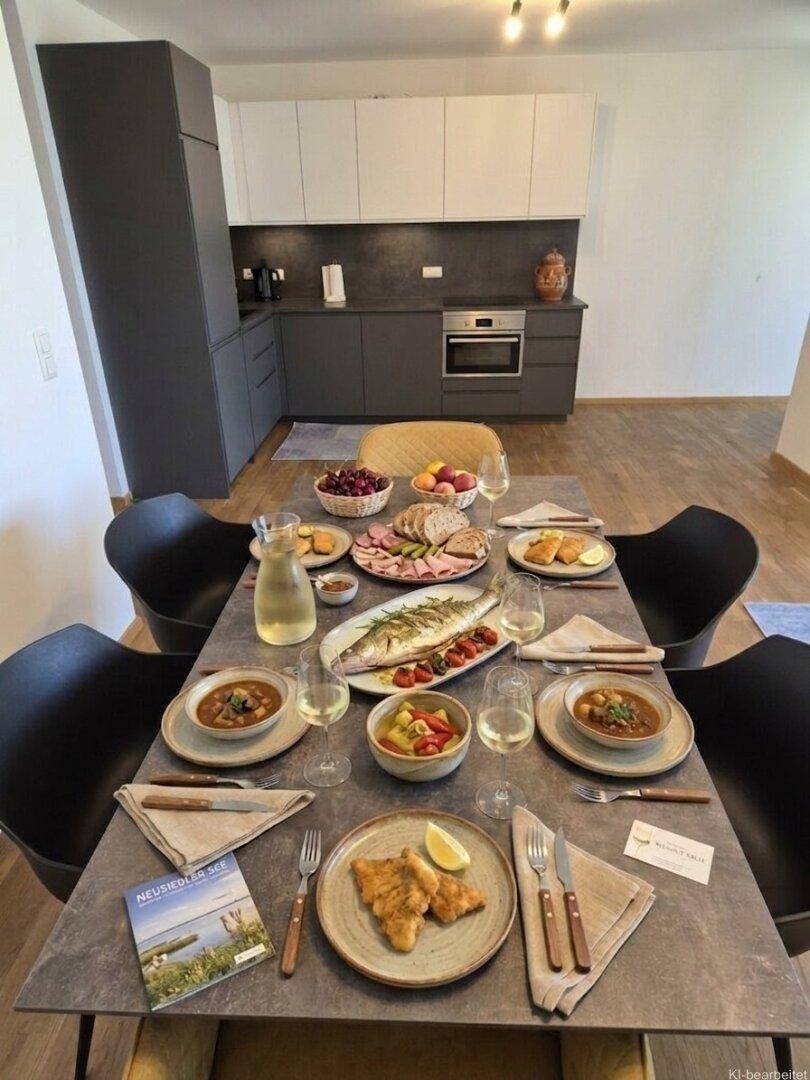 Moderner Essbereich mit gedecktem Tisch und offener Küche in Grau- und Weißtönen im Hintergrund.