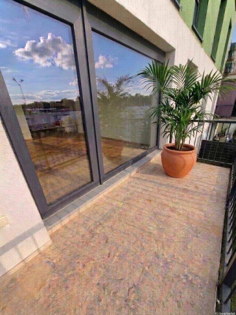 Sonnenverwöhnter Balkon mit großen Fenstern und einer Palme, die eine angenehme Atmosphäre schafft.