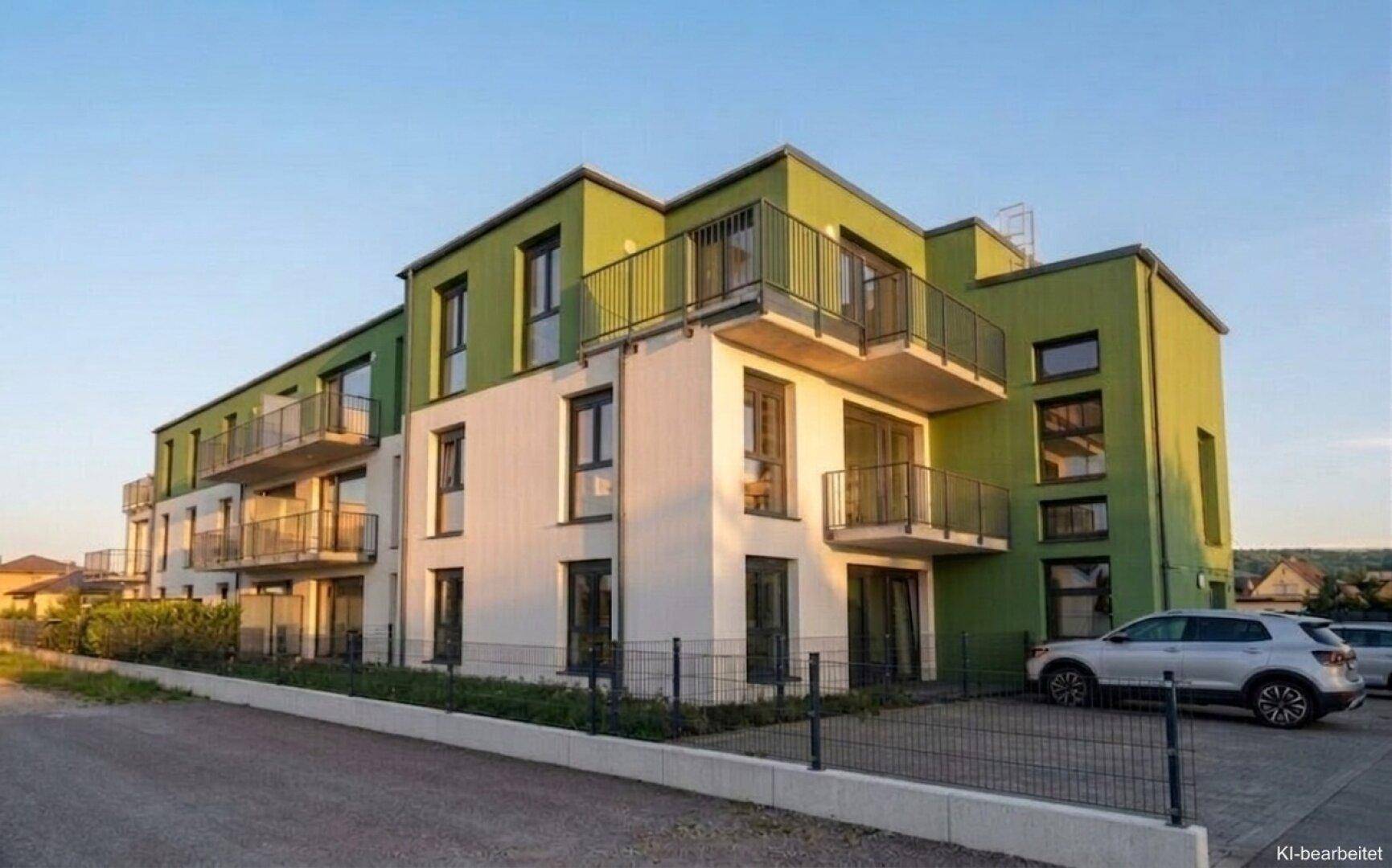 Modernes Mehrfamilienhaus mit grüner und weißer Fassade, Balkonen und Außenparkplätzen unter klarem Himmel.