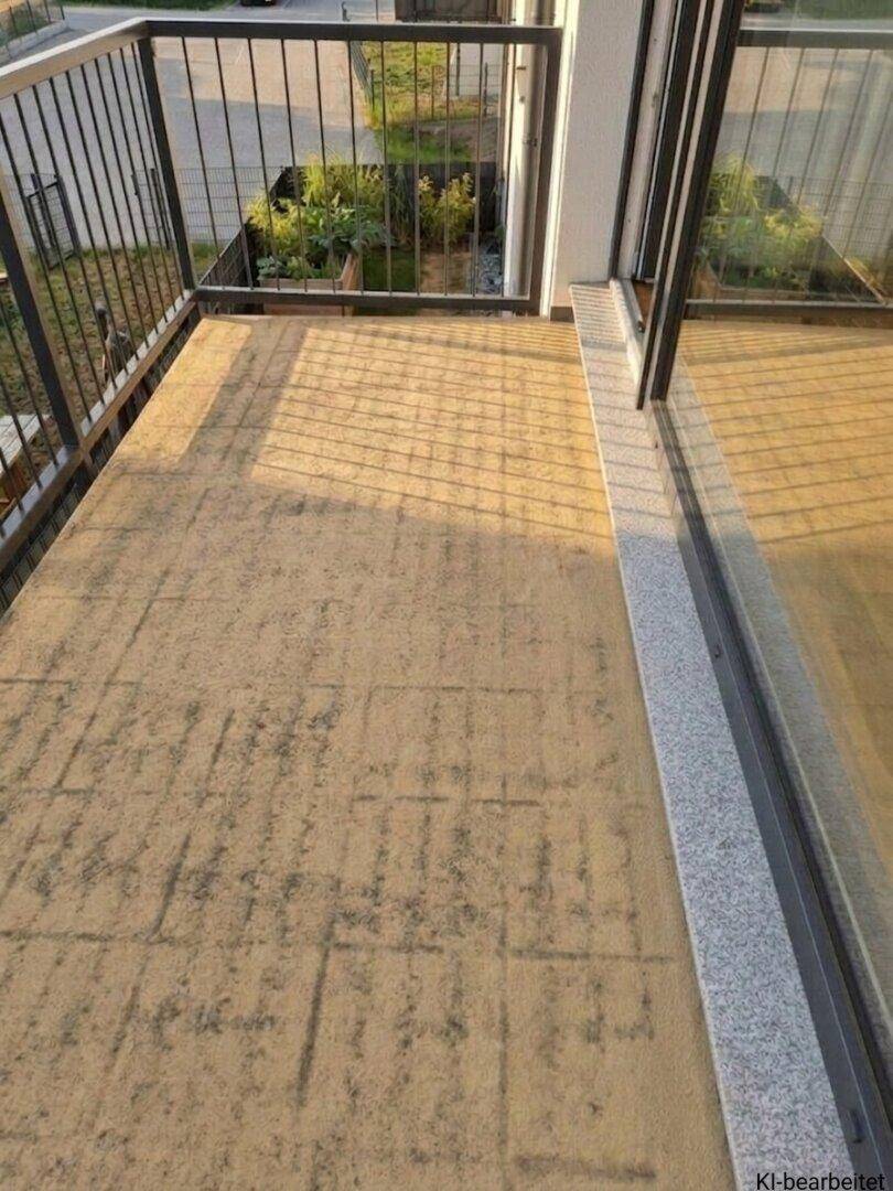 Balkon mit Fliesenboden und Metallgeländer, bereit für die Gestaltung.