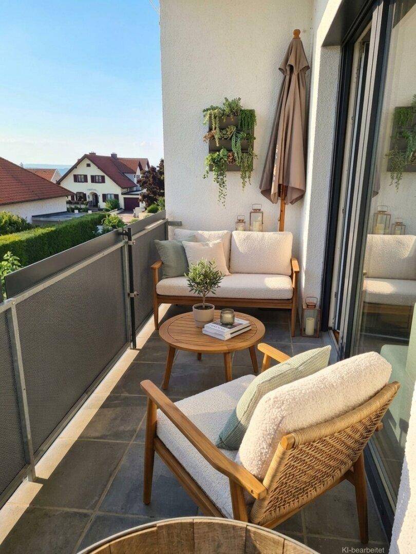 Gemütlicher Balkon mit modernen Outdoor-Möbeln, Sonnenschirm und weitem Blick ins Grüne.