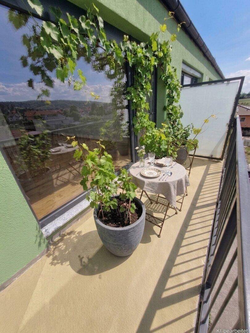Gemütlicher Balkon mit Esstisch und Stühlen, umgeben von grünen Pflanzen und Weinreben.