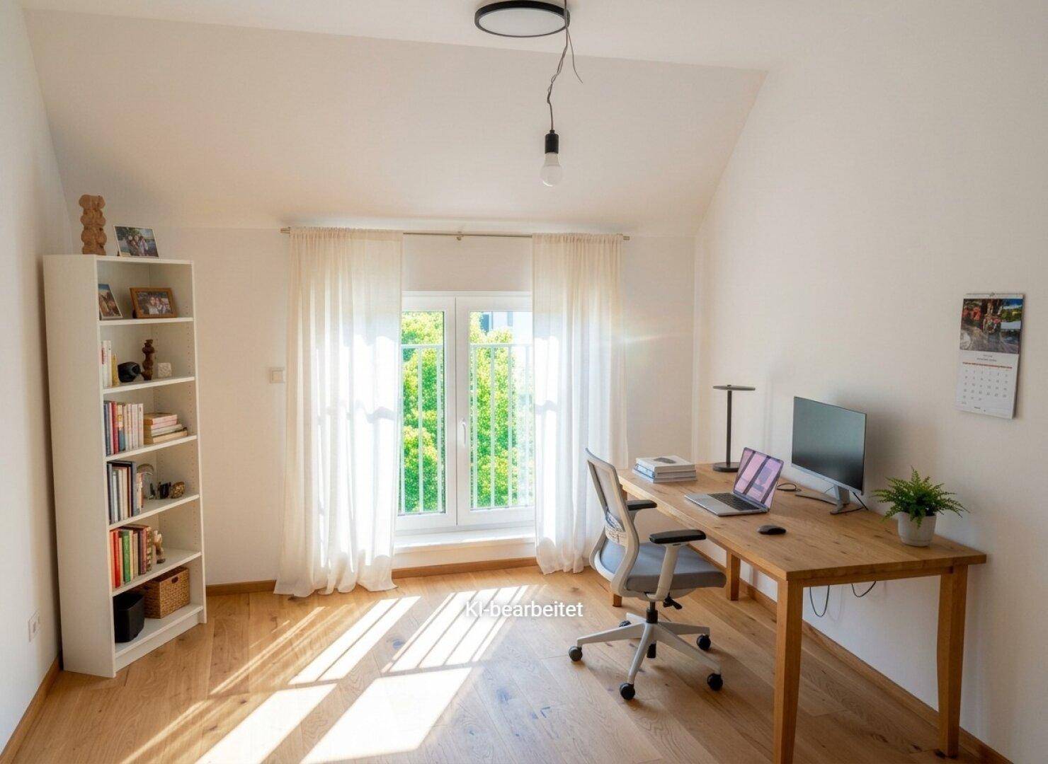 Helles Arbeitszimmer mit Holzboden, Dachschräge und großem Fenster mit beruhigendem Grünblick.