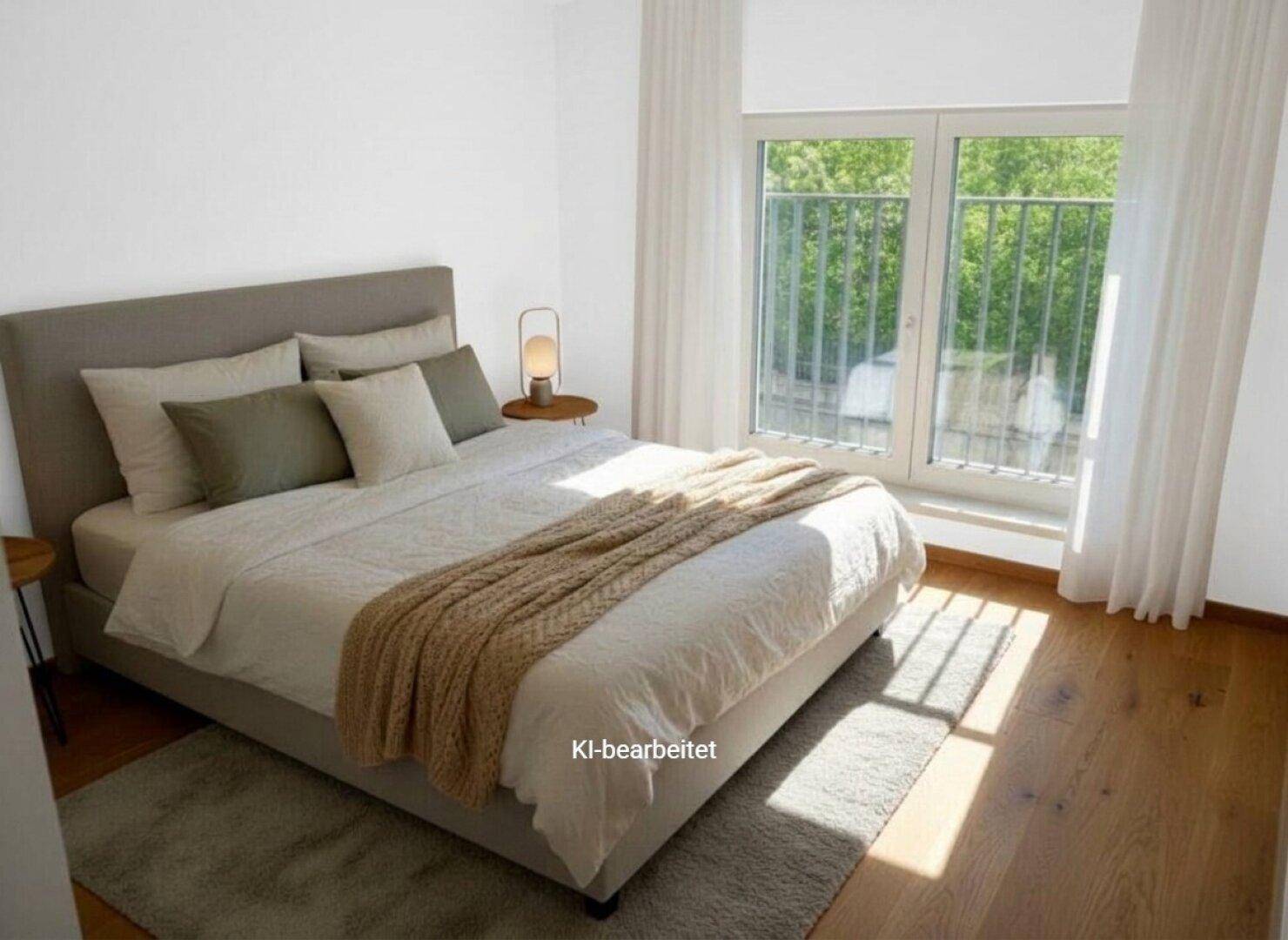 Gemütliches Schlafzimmer mit Doppelbett, Holzboden und Zugang zum französischen Balkon.
