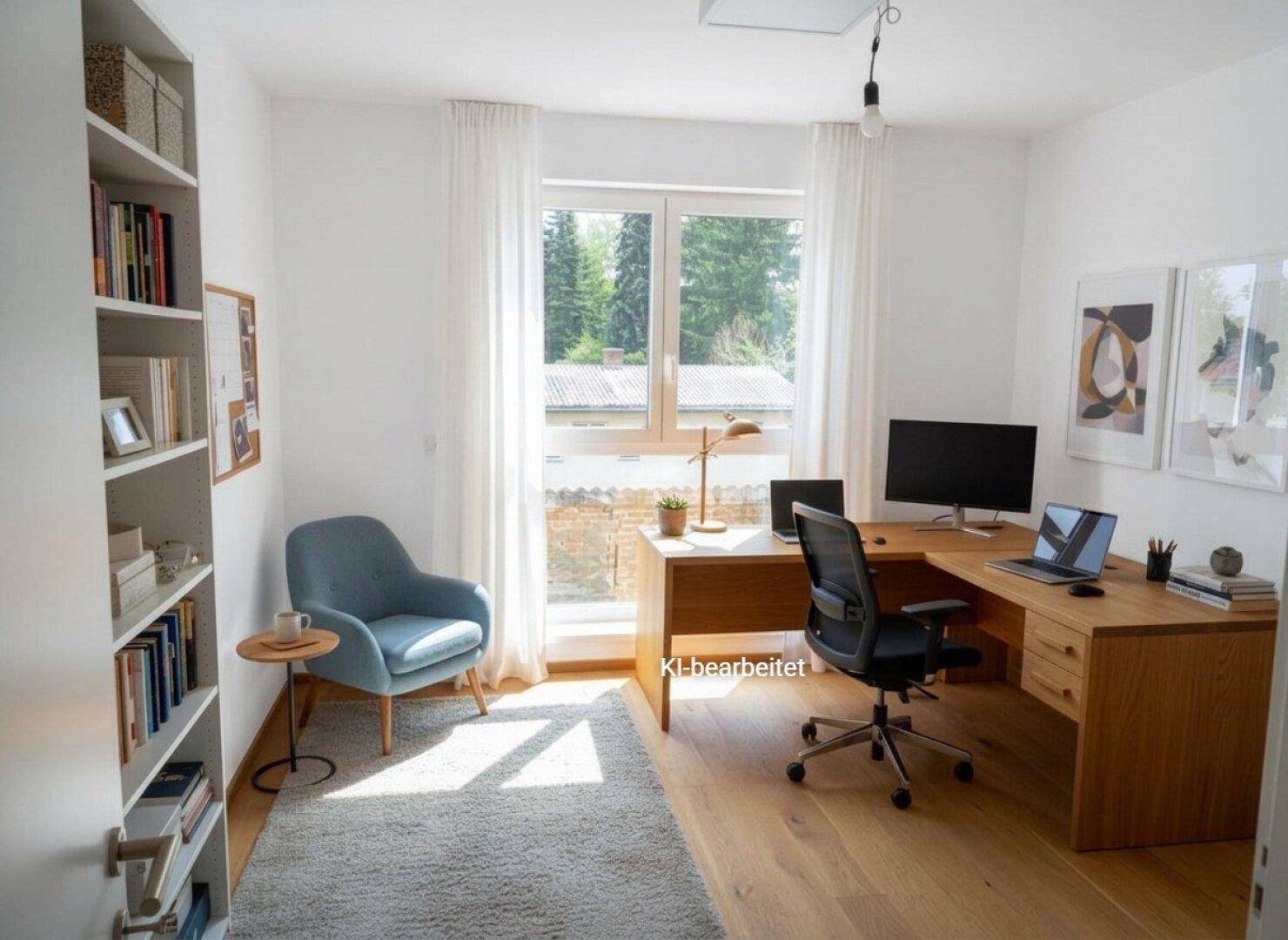 Funktionales Arbeitszimmer mit großem Schreibtisch, Bücherregal und viel Tageslicht.