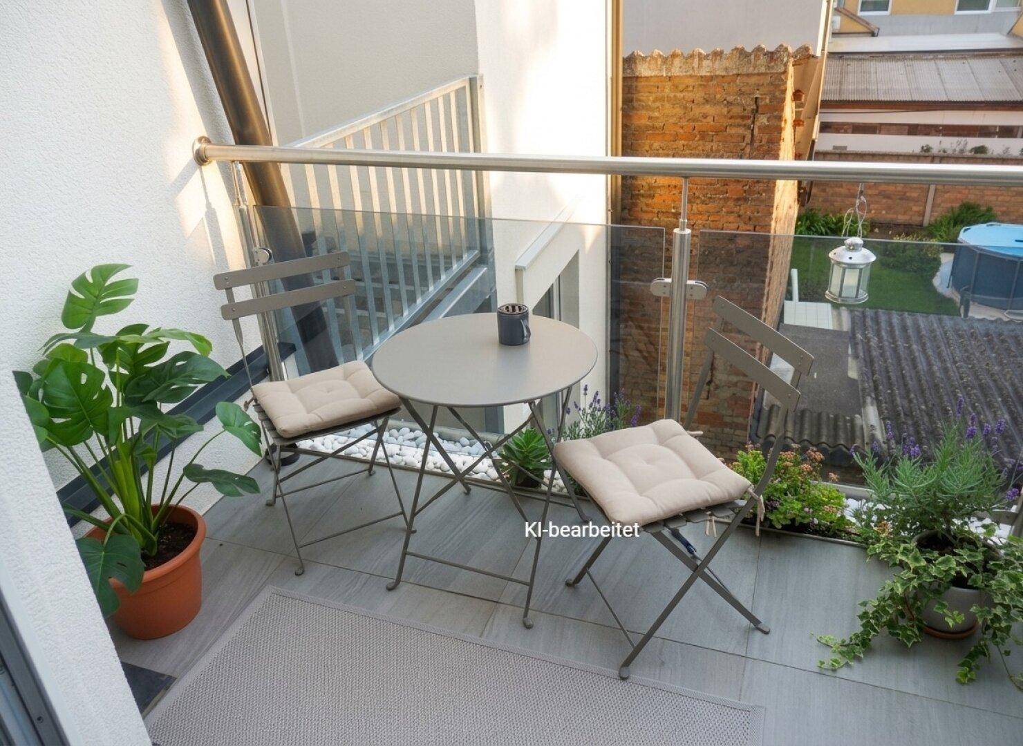 Kleiner, sonniger Balkon mit Bistrotisch, Stühlen und Pflanzen, ideal für entspannte Momente.