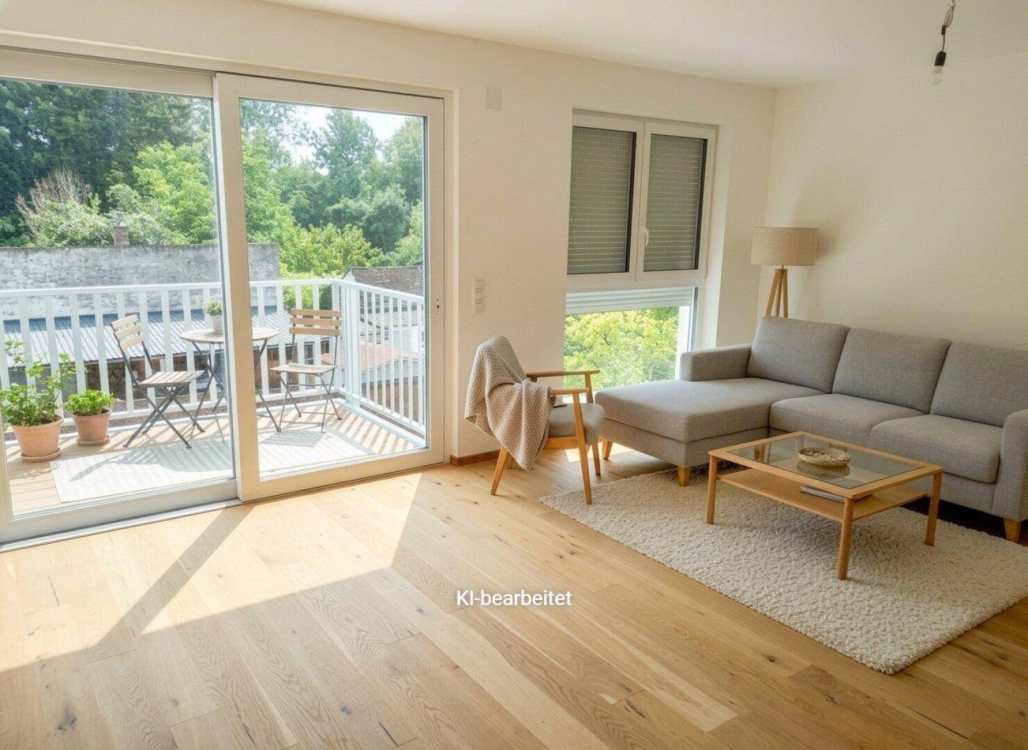 Helles Wohnzimmer mit Holzboden, modernem Sofa und direktem Zugang zum sonnigen Balkon.