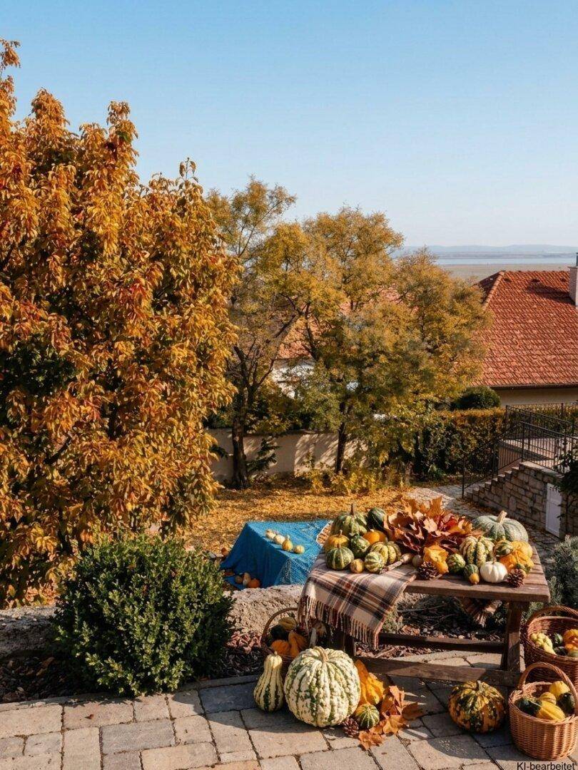 Herbstlich dekorierter Gartenbereich mit einer Fülle von Kürbissen und bunten Bäumen unter blauem Himmel.