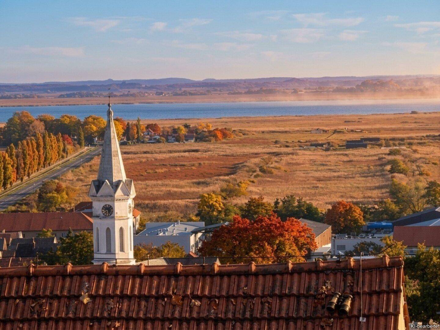 Panoramablick über eine Stadt mit Kirche, See und herbstlicher Landschaft.