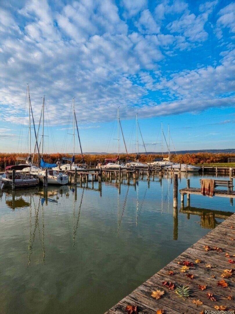 Ruhiger Yachthafen mit Segelbooten und herbstlicher Uferlandschaft unter einem weiten blauen Himmel.