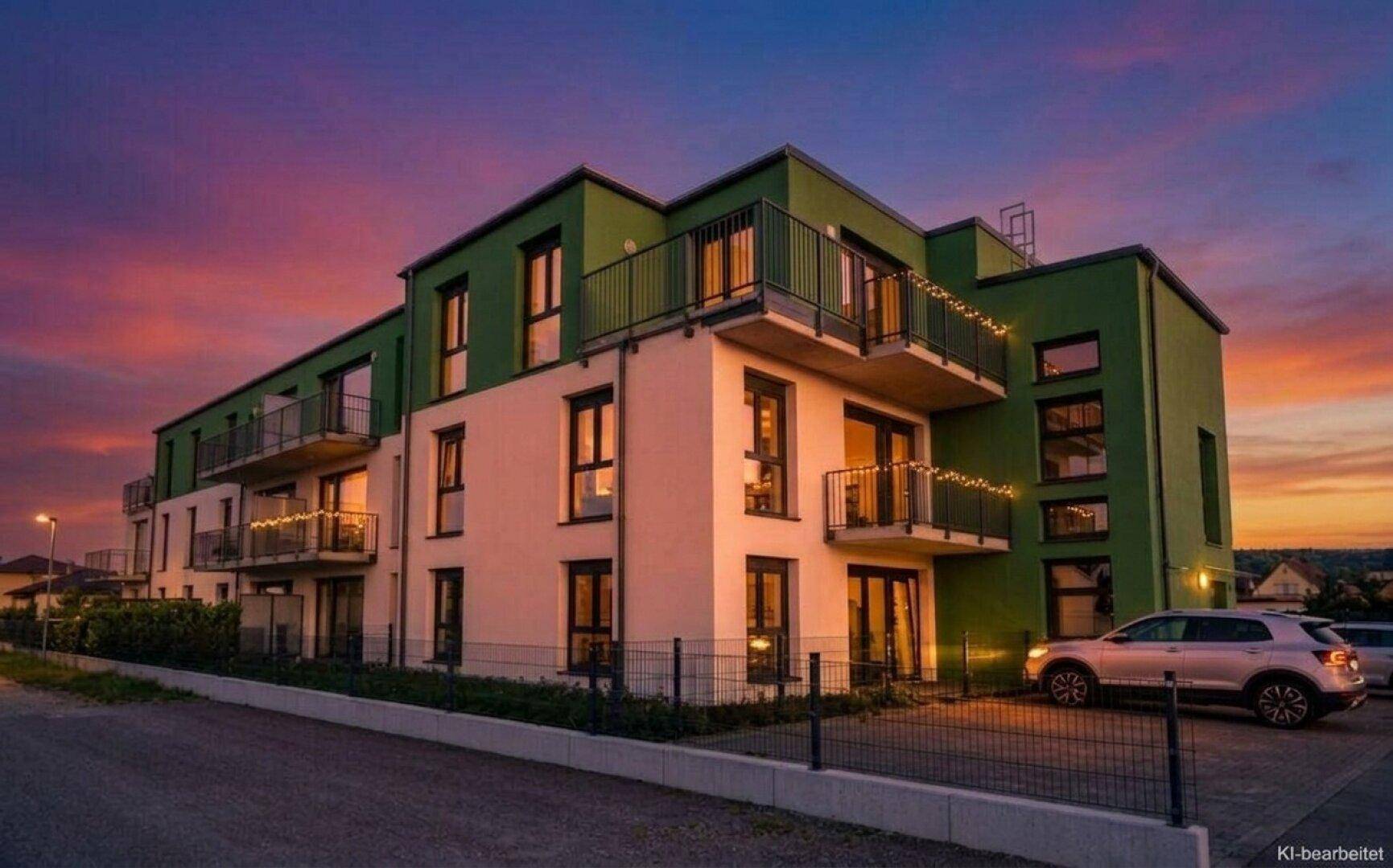 Modernes Mehrfamilienhaus mit grüner und weißer Fassade, Balkonen und Abendbeleuchtung.