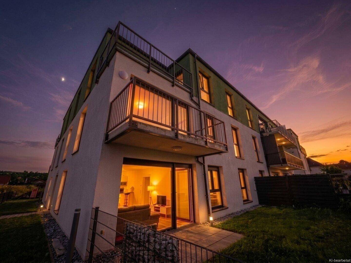 Modernes Mehrfamilienhaus bei Sonnenuntergang mit Balkonen, Terrasse und großen Fensterfronten.