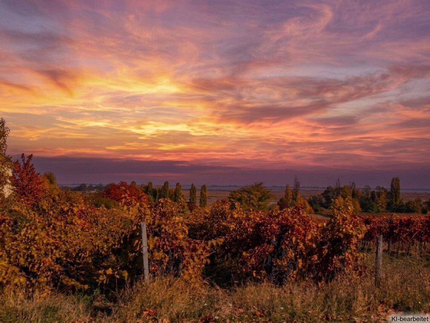 Malerische Weinberge in herbstlichen Farben unter einem spektakulären Sonnenuntergangshimmel.