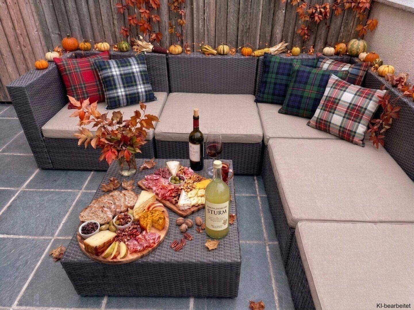 Herbstlich dekorierte Terrasse mit bequemen Loungemöbeln und einer Auswahl an Speisen und Getränken.