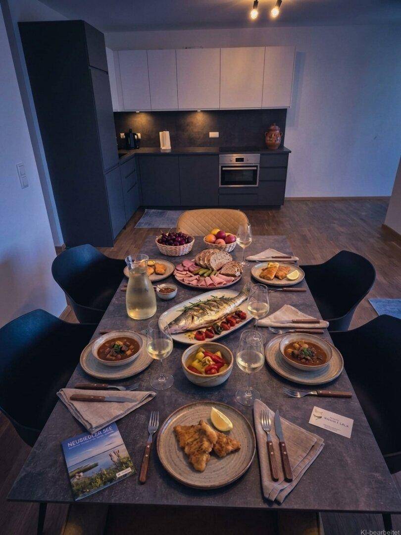 Gemütlicher Essbereich mit gedecktem Tisch und moderner offener Küche im Hintergrund.