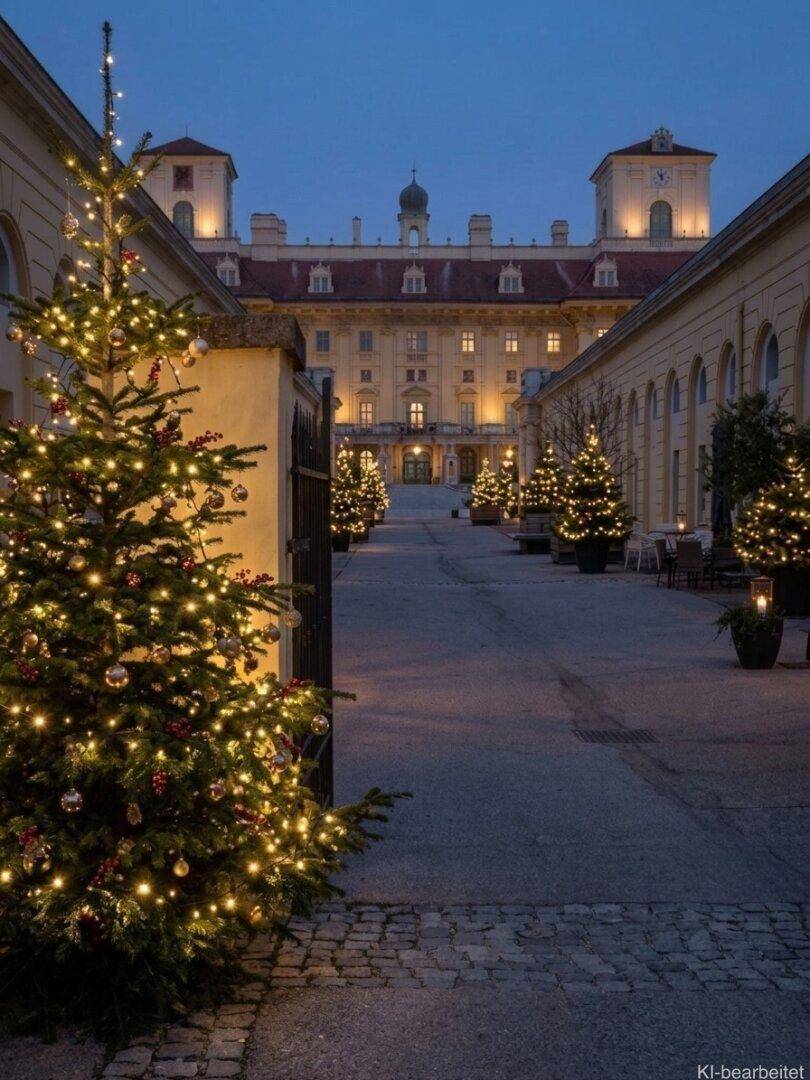 Festlich geschmückter Innenhof mit beleuchteten Weihnachtsbäumen vor einem historischen Gebäude.
