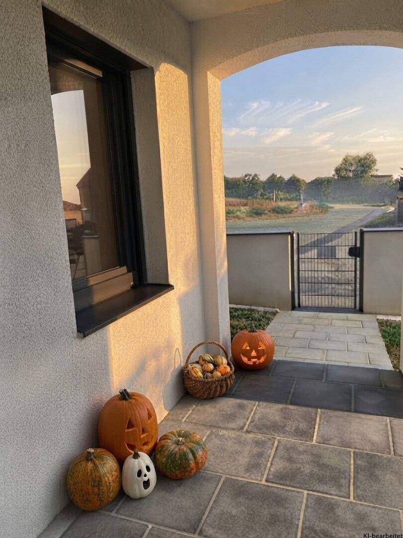 Eingangsbereich mit herbstlicher Kürbisdekoration und Blick auf die Landschaft.