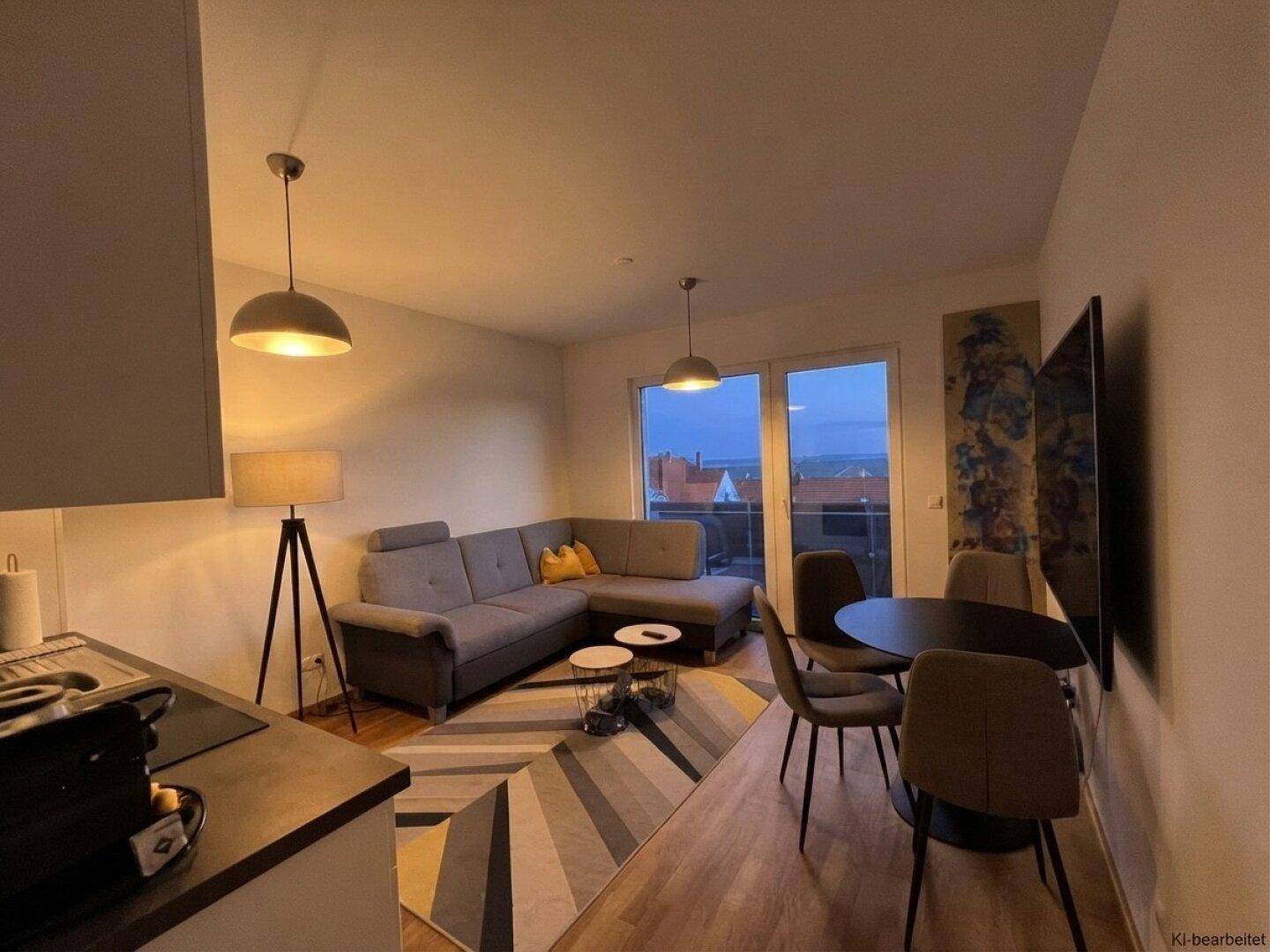 Moderner offener Wohn-Essbereich mit bequemer Couch, Esstisch und Zugang zum Balkon.